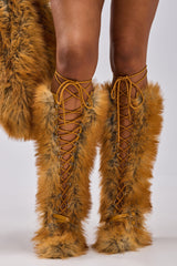 AZALEA WANG LOURDANNE TAN FUR LACE UP STILETTO BOOT