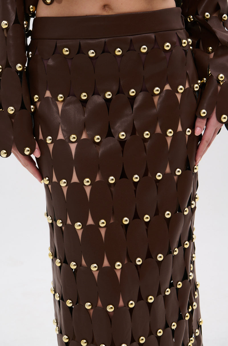 SNEAK PEEK STUDDED PU MIDI SKIRT IN BROWN