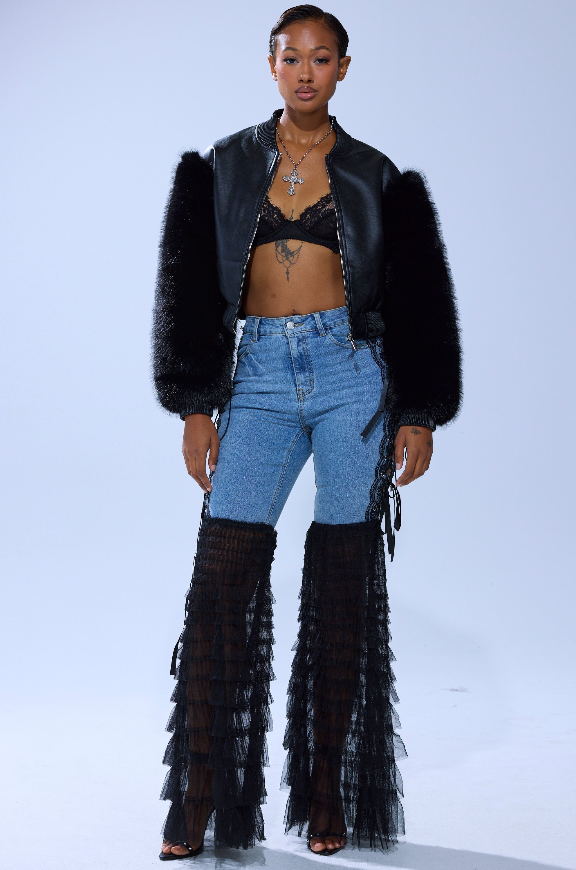 CAN'T DECIDE TULLE AND LACE DENIM JEANS