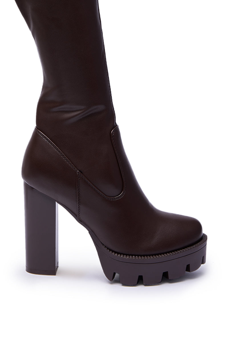 AZALEA WANG ASHLAND CHOCOLATE STRETCH PU CHUNKY THIGH-HIGH BOOT