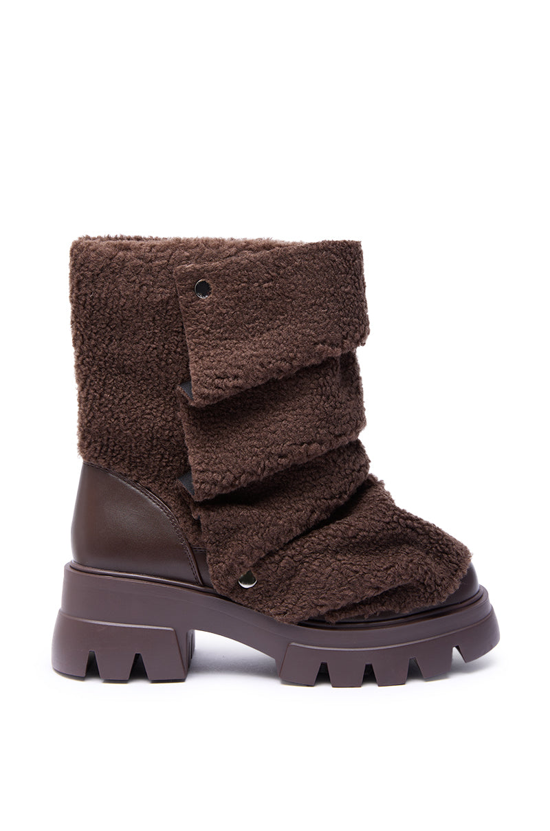 AZALEA WANG BEHATI BROWN SHERPA BOOTIE WITH SNAP DETAIL
