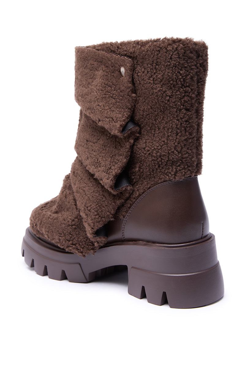 AZALEA WANG BEHATI BROWN SHERPA BOOTIE WITH SNAP DETAIL