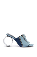 AZALEA WANG CORABEL DENIM AND ZIPPERS CIRCLE HEEL SANDAL