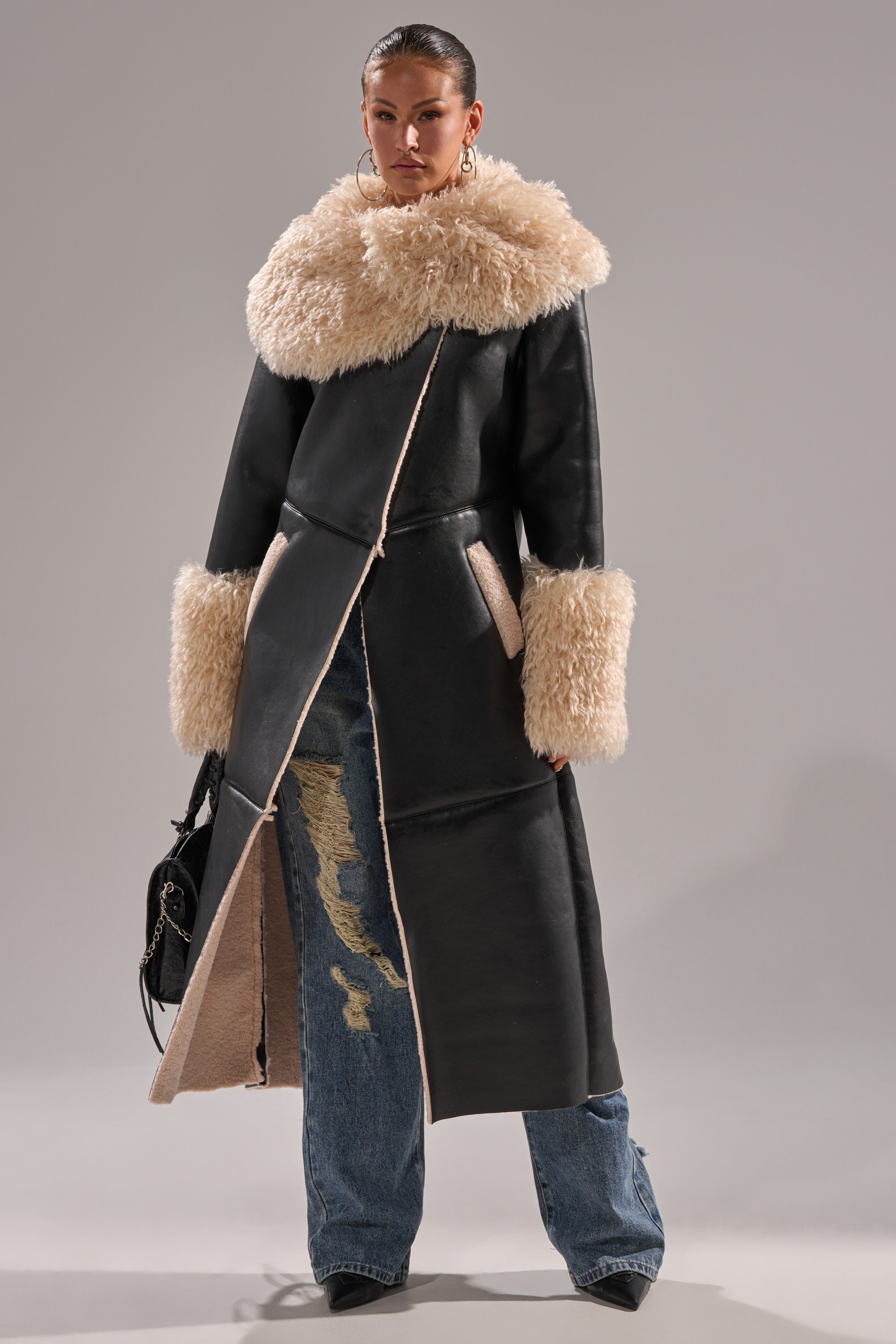 SHE GOT IT FLUFFY PU TRENCH WITH BONDED SHERPA