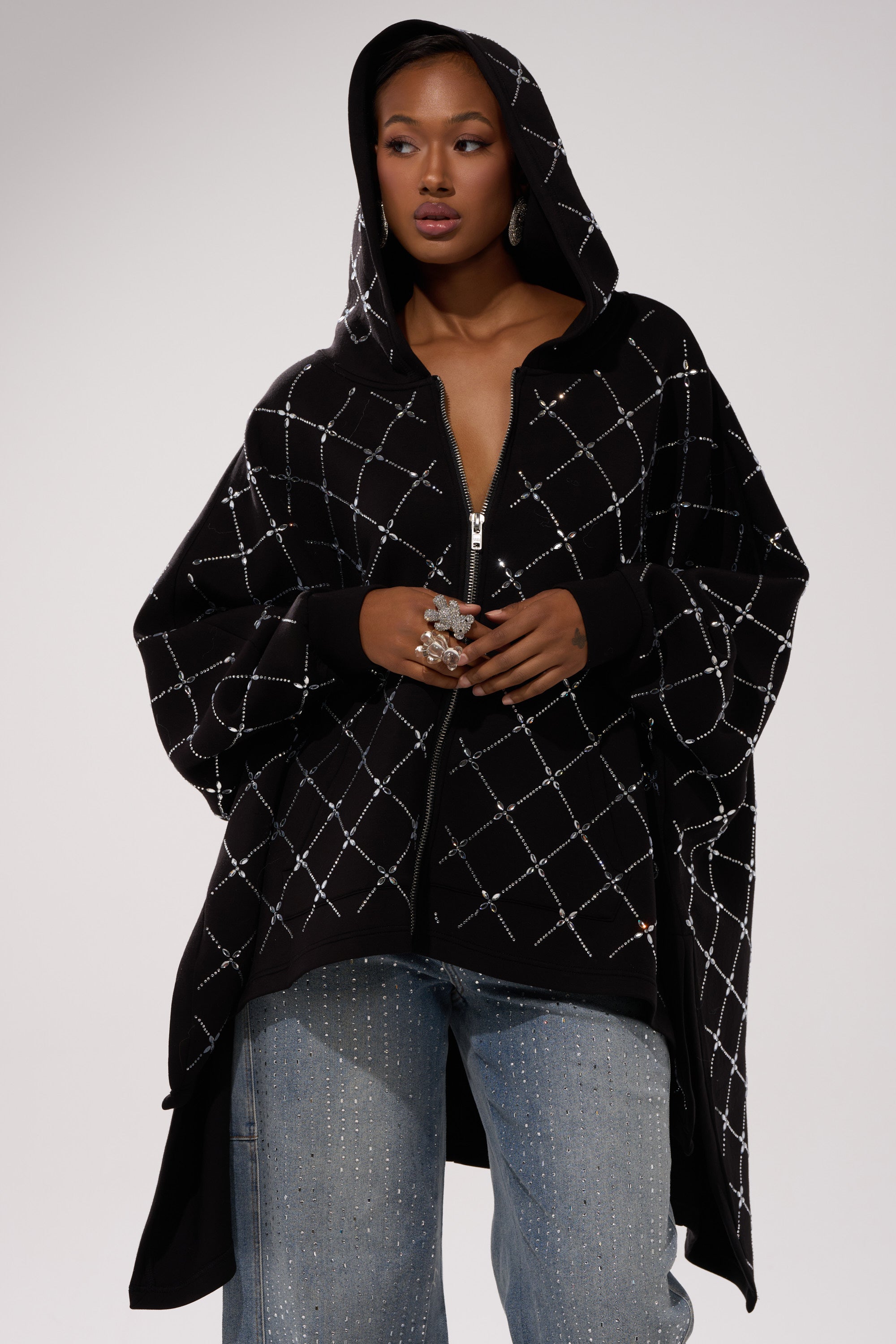 BLING BLING OVERSIZED ZIP UP SWEATSHIRT