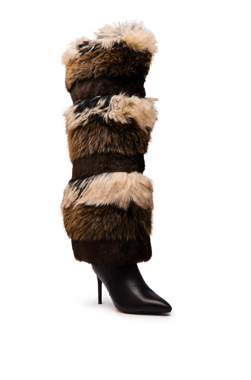 AZALEA WANG LANGLAU BROWN MULTI STILETTO FUR BOOT