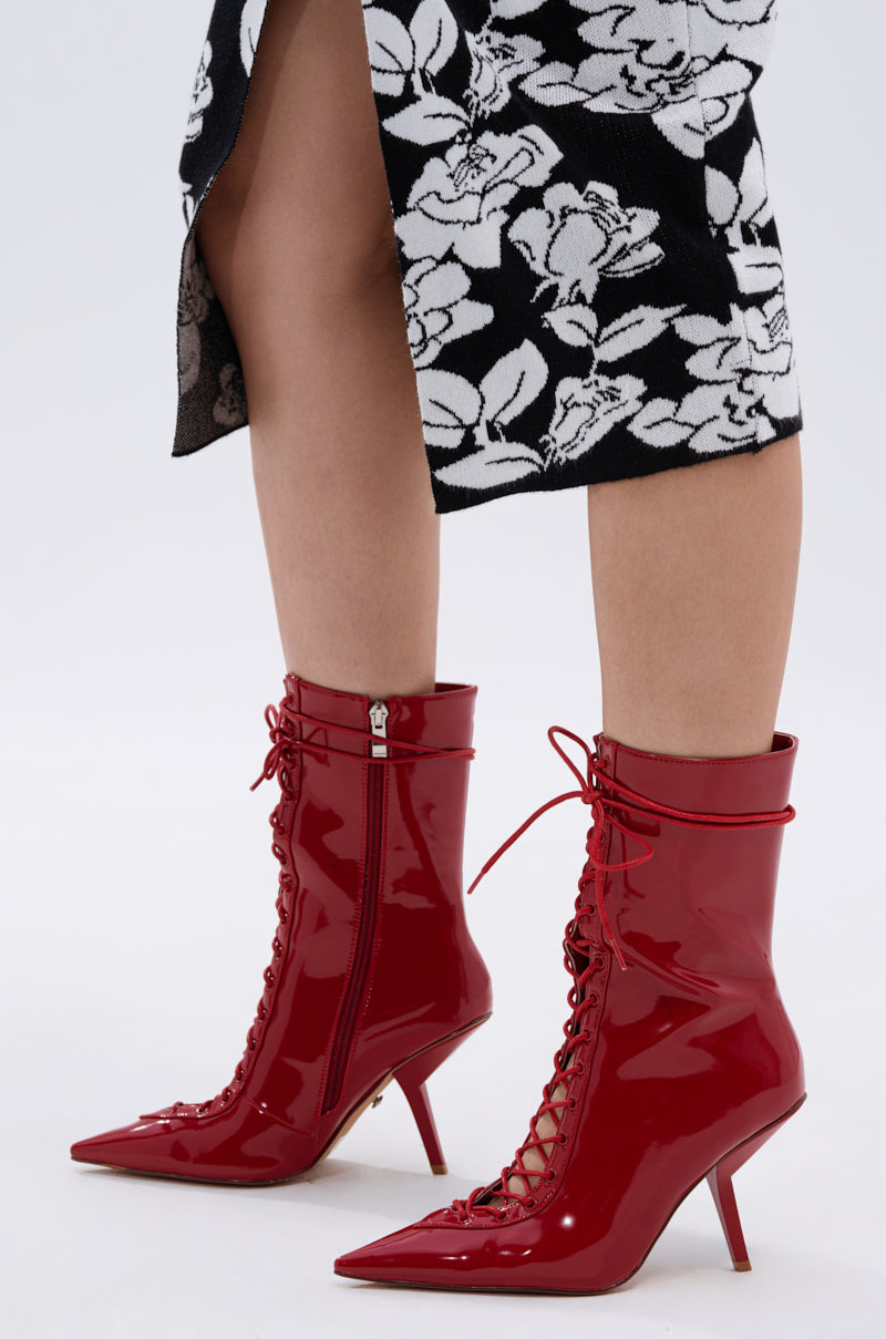 AZALEA WANG SILVA RED LACE UP STILETTO BOOTIE