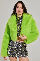 LIGHTS OUT CROPPED FAUX FUR JACKET IN LIME