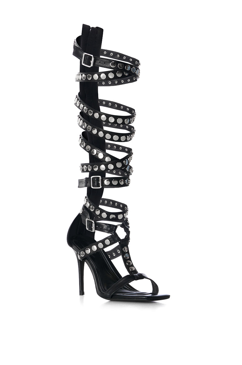 AZALEA WANG AUDACIOUS BLACK SILVER STUD GLADIATOR SANDAL