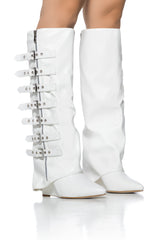 AZALEA WANG RISNA WHITE BUCKLE DETAIL WEDGE BOOT