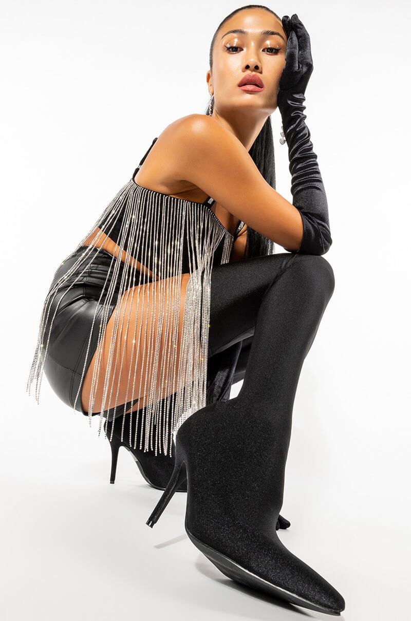 AZALEA WANG HEARTOUT THIGH HIGH STILETTO BOOT IN BLACK STRETCH