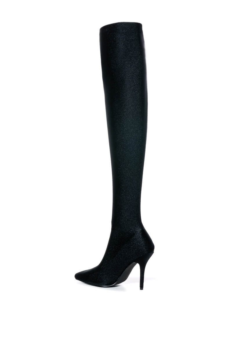 AZALEA WANG HEARTOUT THIGH HIGH STILETTO BOOT IN BLACK STRETCH