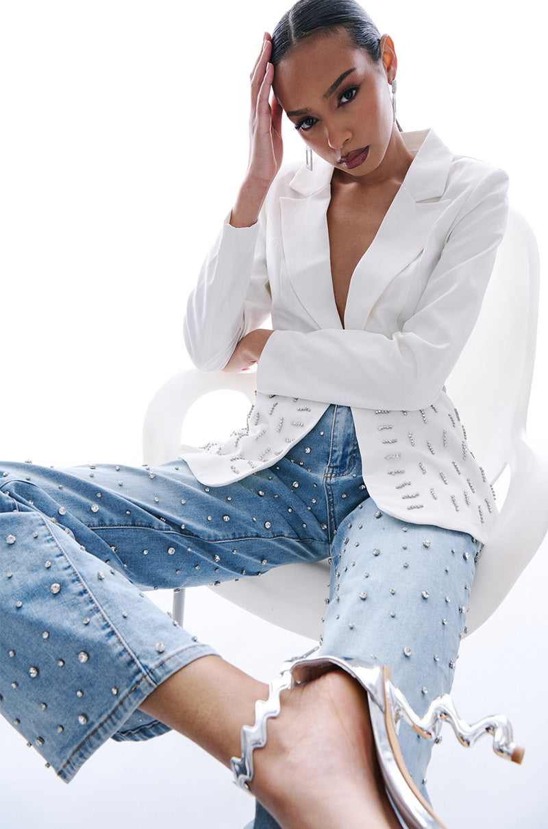 BACK CUT RHINESTONE BLAZER IN WHITE