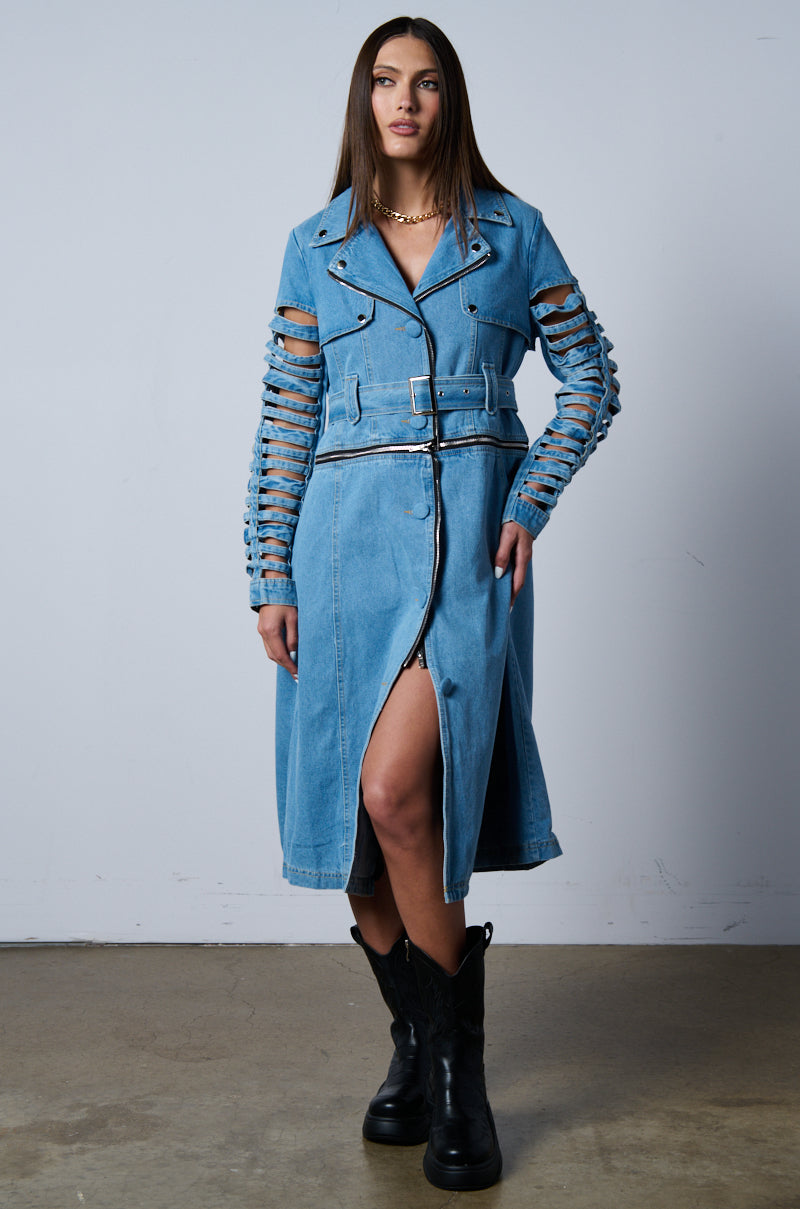 BLOSSOM DENIM CUT OUT PANEL CONVERTIBLE TRENCH