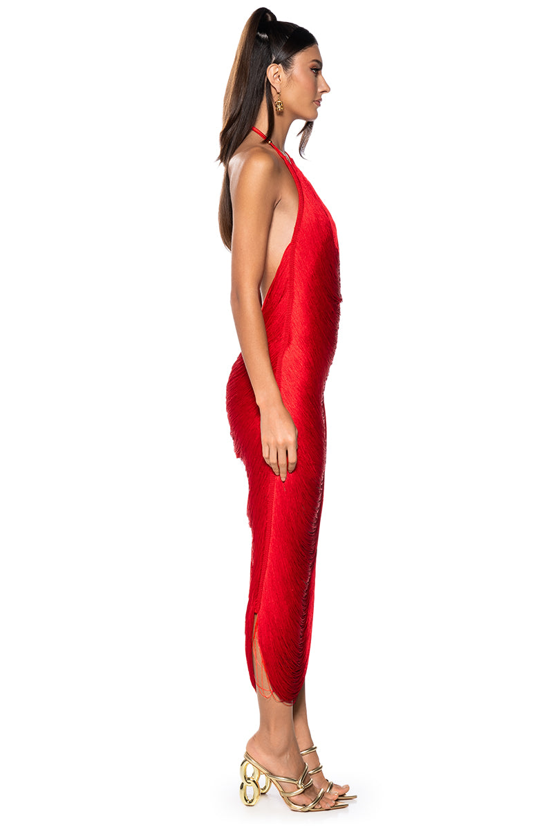 GIANINA FRINGED COWL NECK MAXI DRESS IN RED