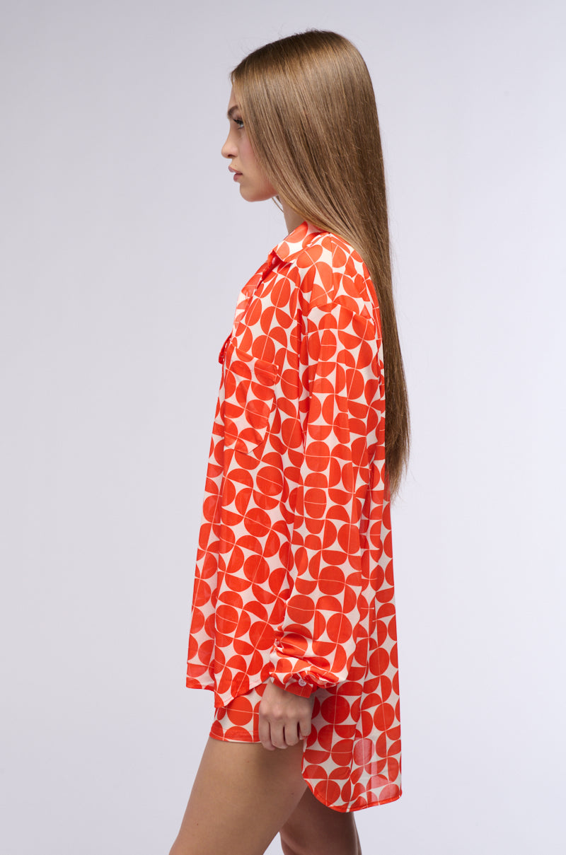 GIVE ME MONEY HONEY PRINTED MESH BUTTON DOWN BLOUSE