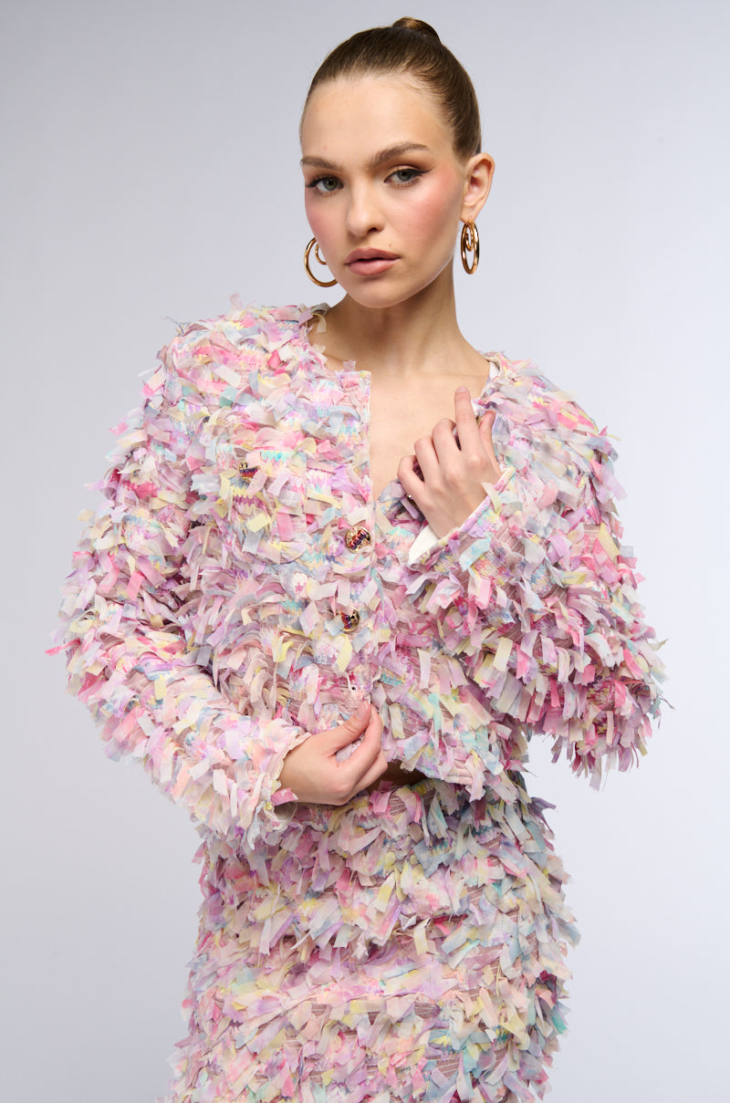 HERE WITH ME FRINGE BLAZER JACKET IN PINK MULTI