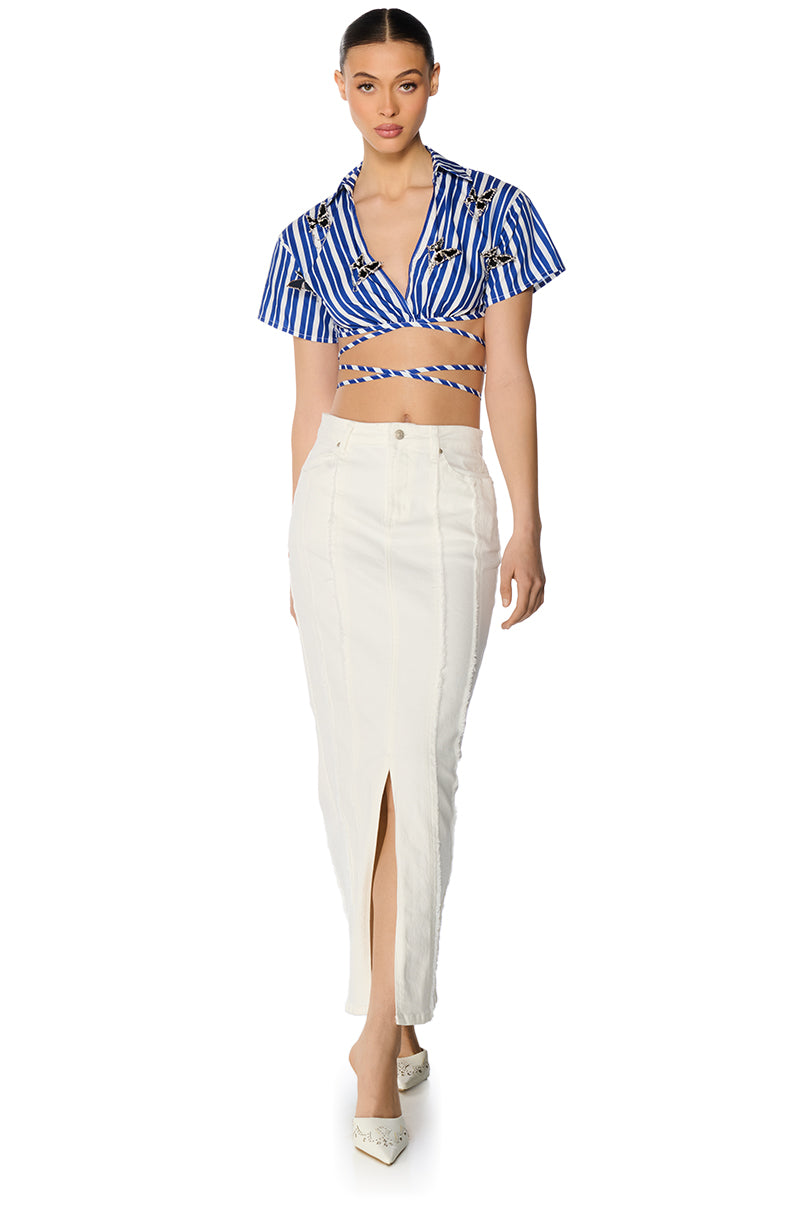 LENI STRIPED EMBELLISHED TIE FRONT BLOUSE