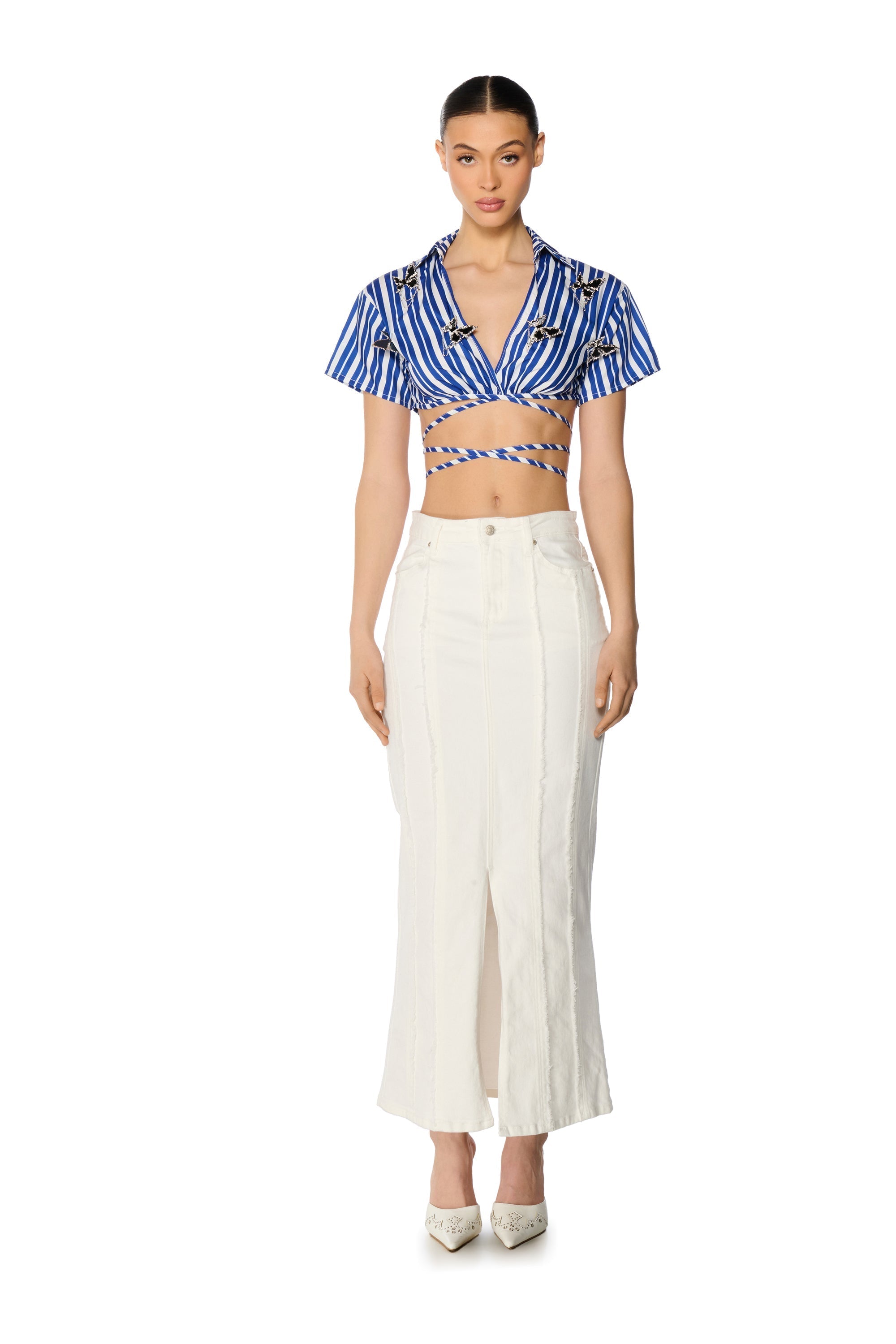 LENI STRIPED EMBELLISHED TIE FRONT BLOUSE