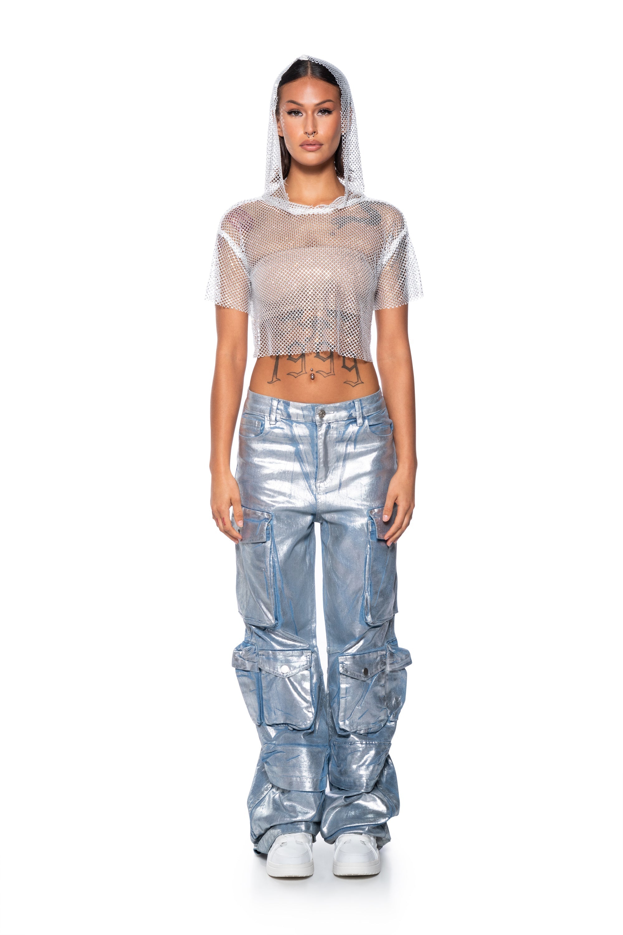 NORTH STAR RHINESTONE MESH HOODED CROP TOP IN WHITE