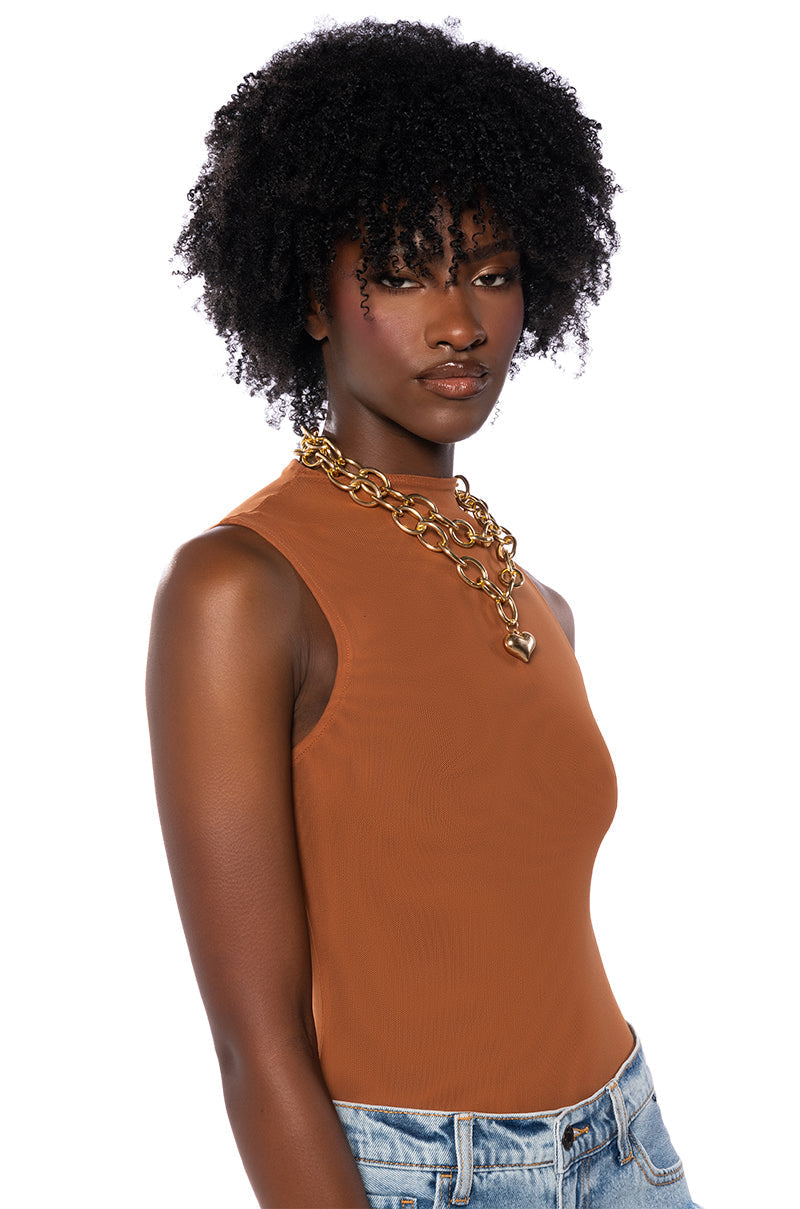 PAXTON SLEEVELESS MESH BODYSUIT IN LIGHT BROWN