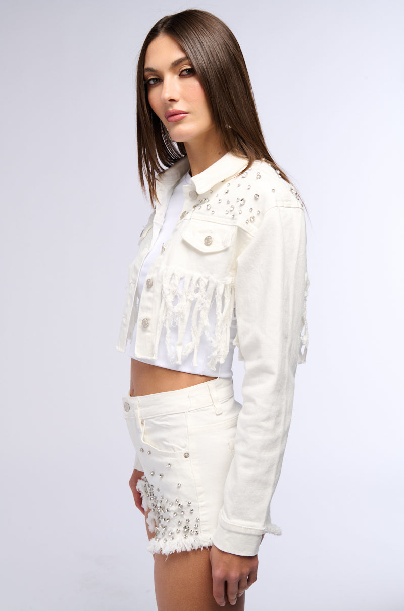 RILEE EMBELLISHED DENIM CROP JACKET IN WHITE
