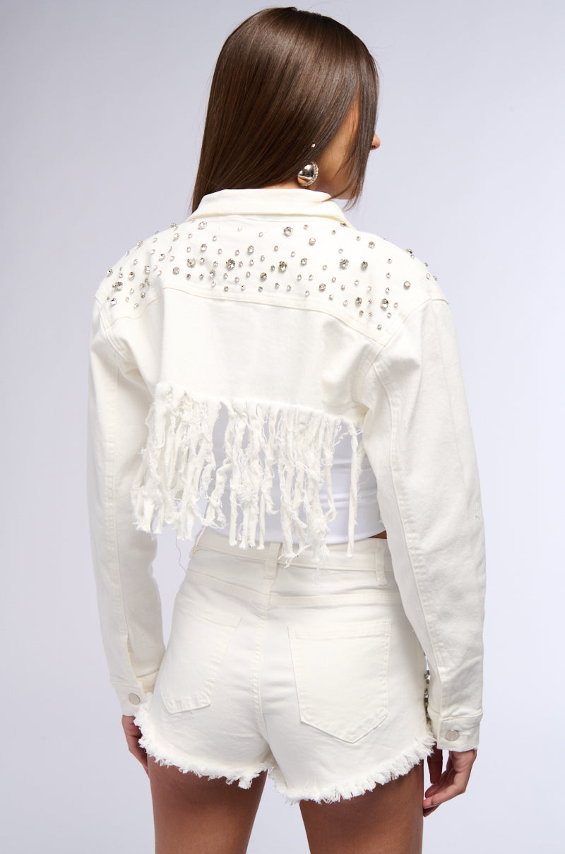 RILEE EMBELLISHED DENIM CROP JACKET IN WHITE