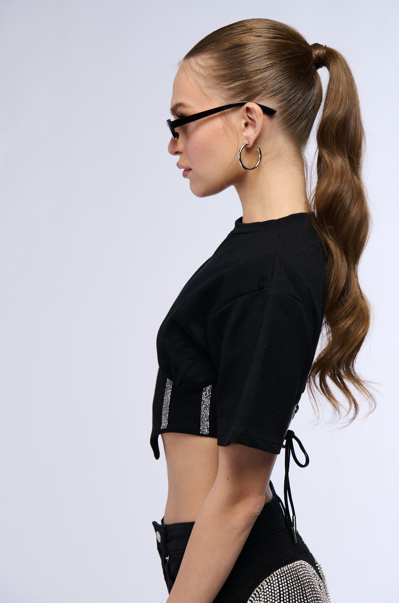SUGAR EMBELLISHED RHINESTONE CORSET DETAIL T SHIRT