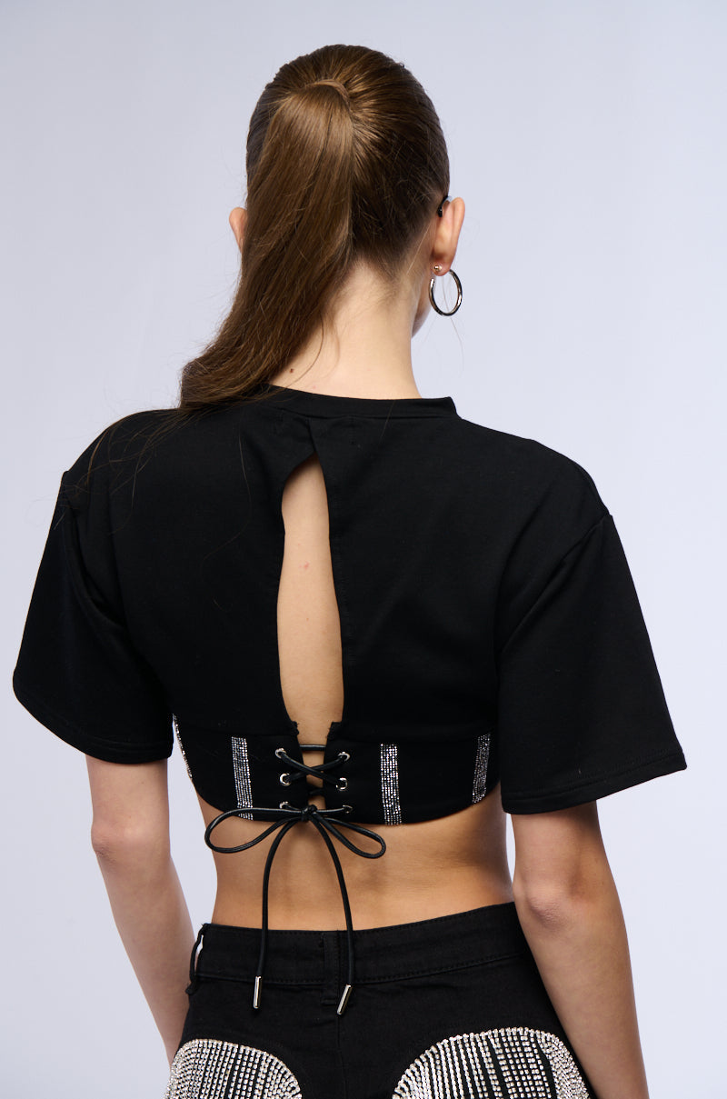 SUGAR EMBELLISHED RHINESTONE CORSET DETAIL T SHIRT