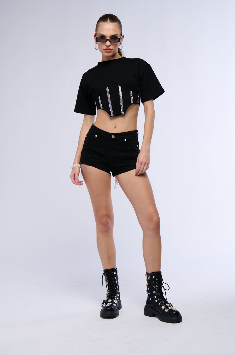 SUGAR EMBELLISHED RHINESTONE CORSET DETAIL T SHIRT