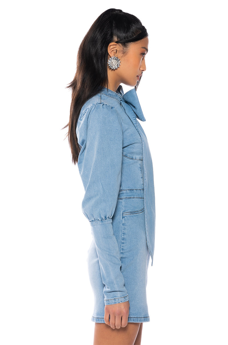 TAKE A BOW DENIM LONGSLEEVE MINIDRESS