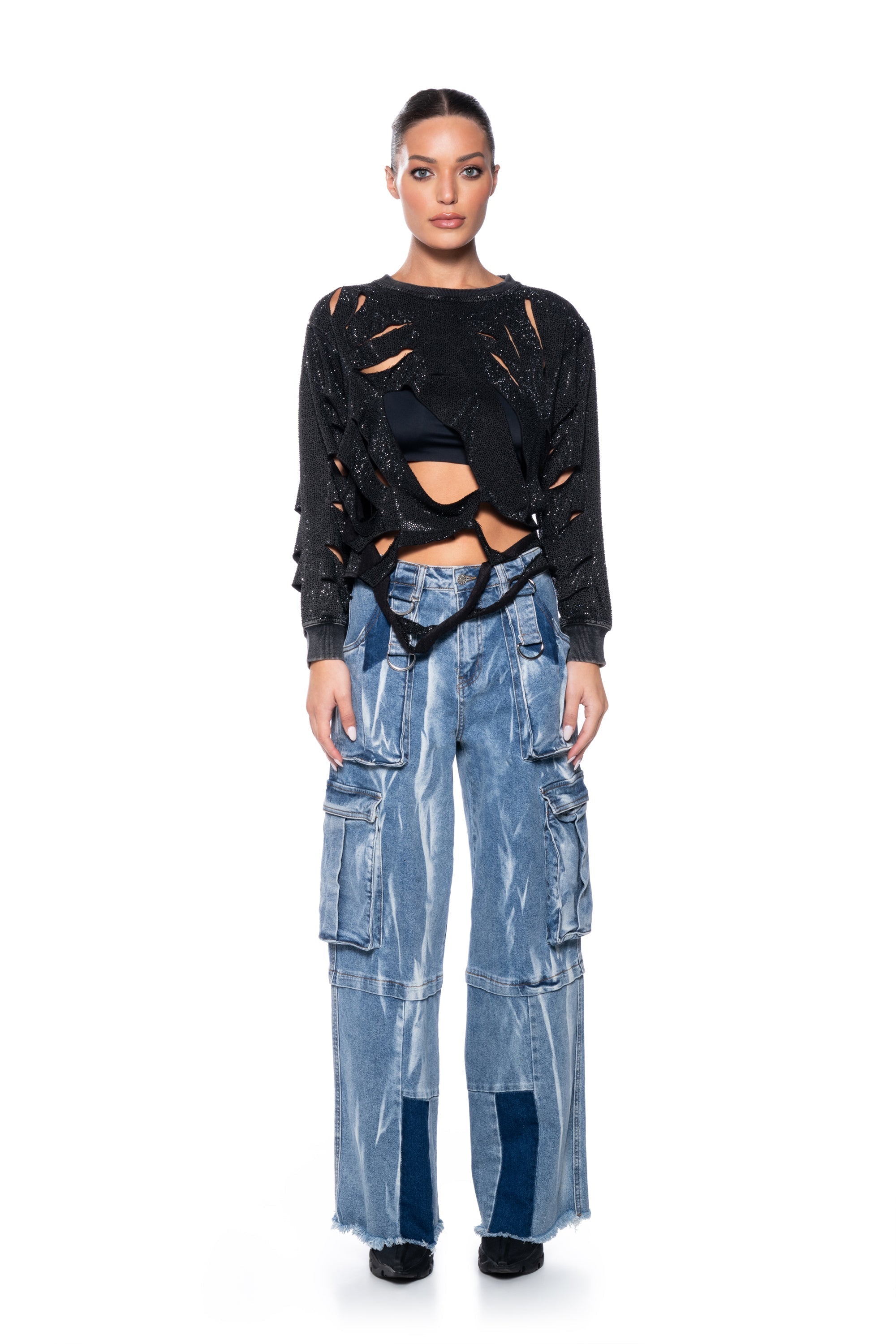 THRASHER RHINESTONE SHREDDED SWEATSHIRT