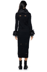 ZOE DISTRESSED FAUX FUR DETAIL MAXI CARDIGAN